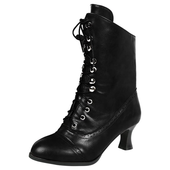 Vintage Victorian Lace Up Ankle Boots for Women 70s Mid Heel Witch Granny Booties Mid-Calf Gothic Retro Side Zipper Almond Toe Costume Shoes, 40