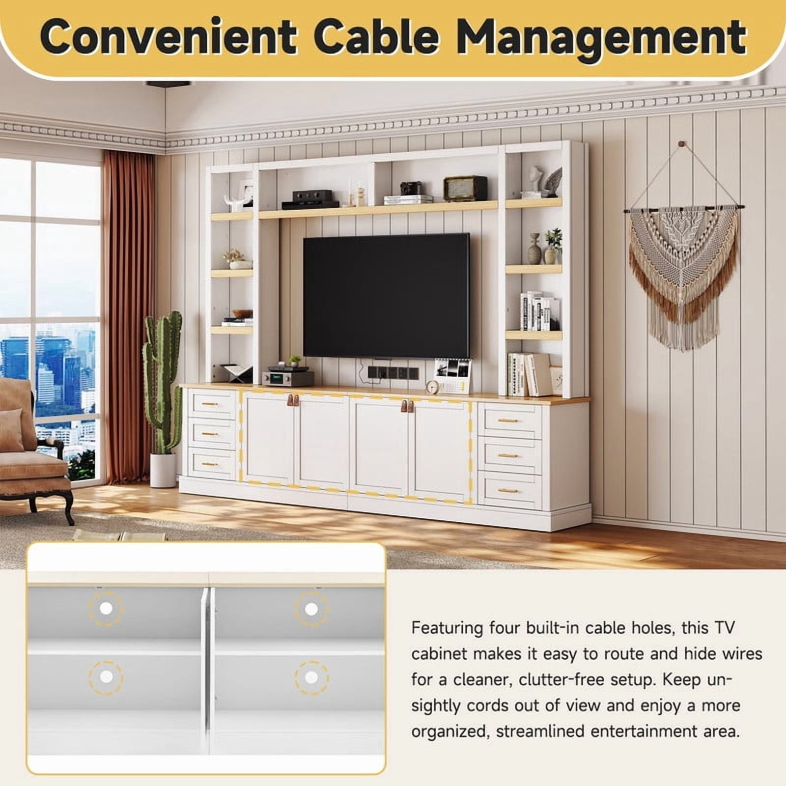 4-Piece Entertainment Center with Bookshelves for TV Up to 75", 102.3"W Farmhouse TV Stand with 6 Drawers and Adjustable Shelves for Living Room