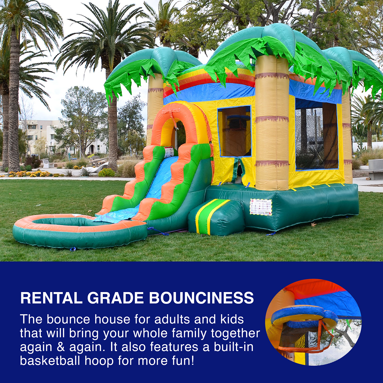 HeroKiddo BOUNCY Tropical Breeze Commercial Grade Vinyl Bounce House Water Slide, with Basketball Hoop, Detachable Pool, Indoor Outdoor