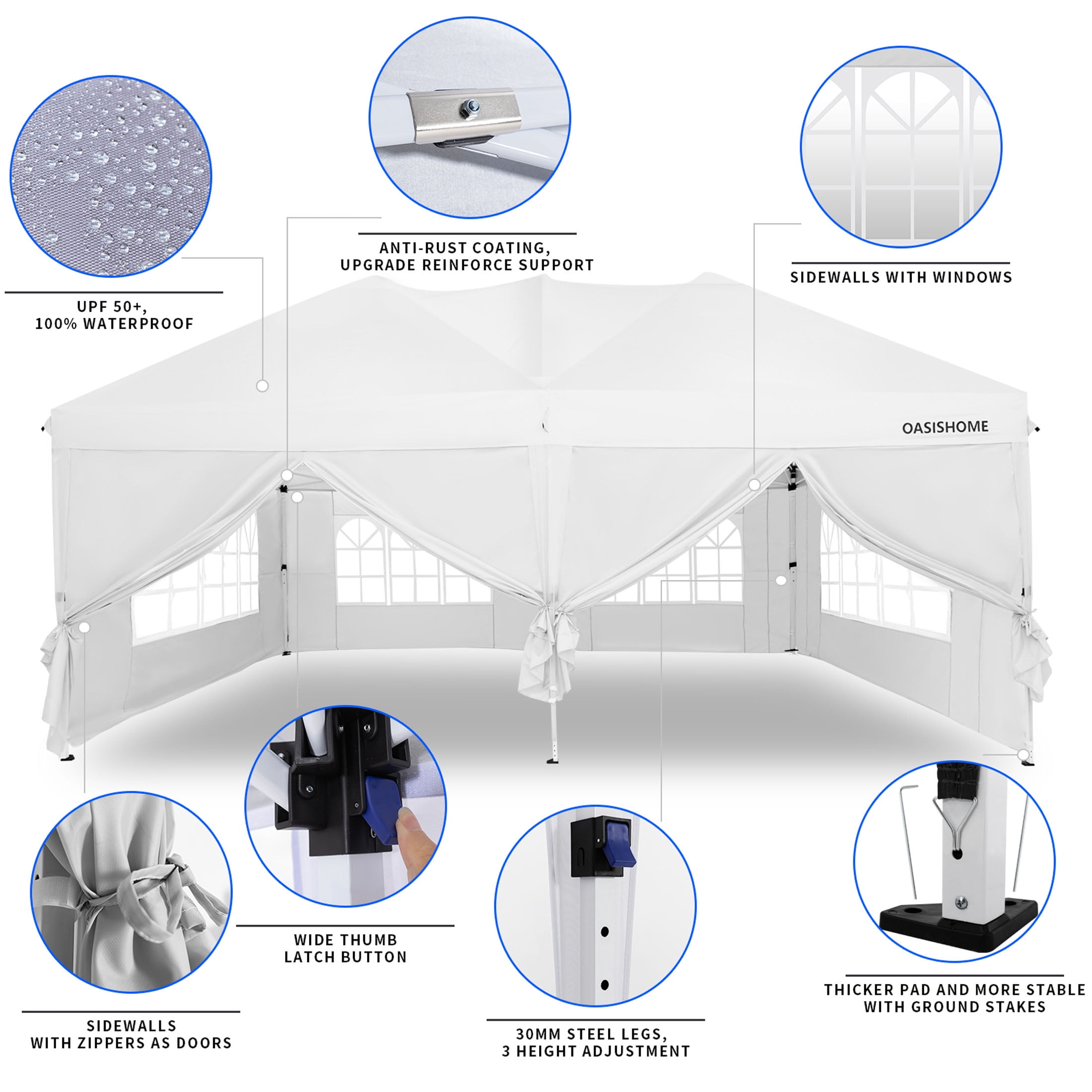 OASISHOME 10'x20' White Pop-Up Canopy Gazebo Tent, with 6 Removable Sidewalls, Windows, Carrying Bag - for Patio/Outdoor/Wedding Events