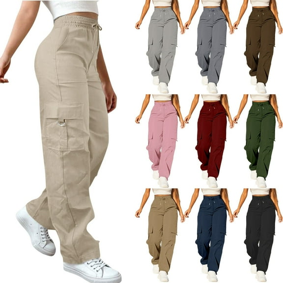 Women's Cargo Style Straight Leg Pants with Elastic Waist and Multiple Pockets Comfortable Loose Fit Trousers