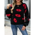 thumbnail image 5 of FEORJGP Women's Valentine’s Day Sweater Cartoon Lip Print Knitwear Jumper Long Sleeve Sweatshirt Round Neck Pullover Warm Knitted Chunky Cable Tops Loose Casual Spring Fall Clothes, 5 of 9