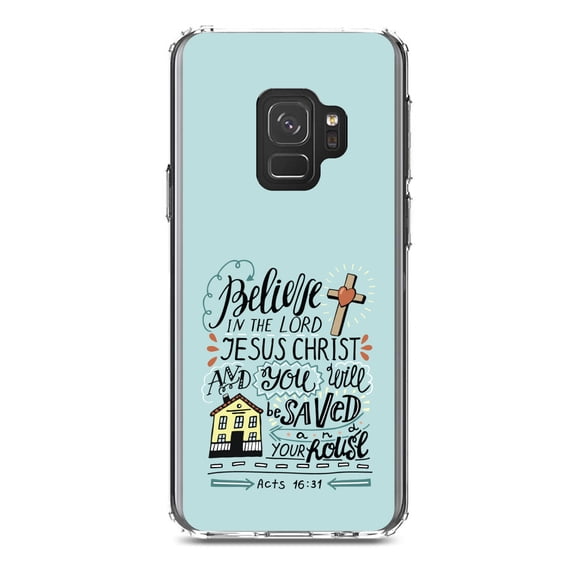 DistinctInk Clear Shockproof Hybrid Case for Samsung Galaxy S9 (5.8" Screen) - TPU Bumper, Acrylic Back, Tempered Glass Screen Protector - Acts 16:31 - Believe in the Lord Jesus Christ