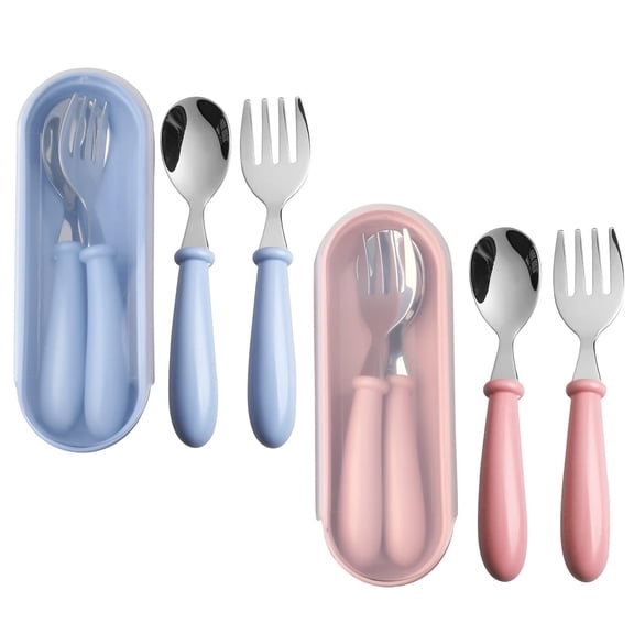 BPPEG 4 Pcs Toddler Fork and Spoon Set with Case, Stainless Steel, Blue Pink | 304 Stainless Steel and Abs, Easy-Grip Handles, Travel Storage Case, Sized for Toddlers, 2 Fork and Spoon Sets
