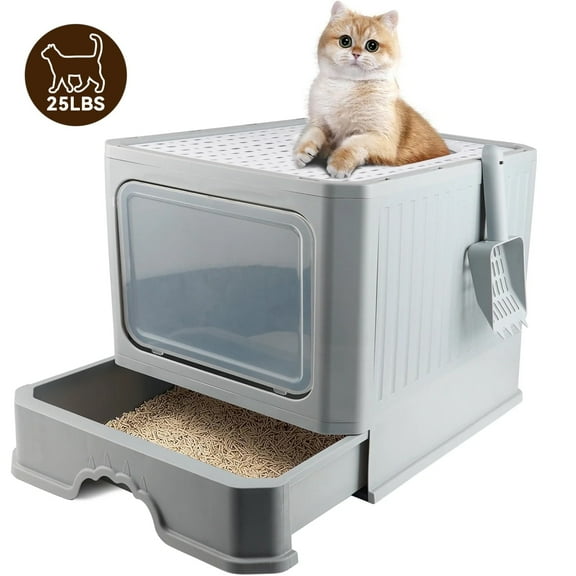 WEPSEN Cat Litter Box with Lid Foldable Enclosed Cat Toilet Large Kitten Potty Front Entry Top Exit Kitty Litter Tray with Scoop Drawer Type, Anti Splashing, Easy Clean, Odor Control
