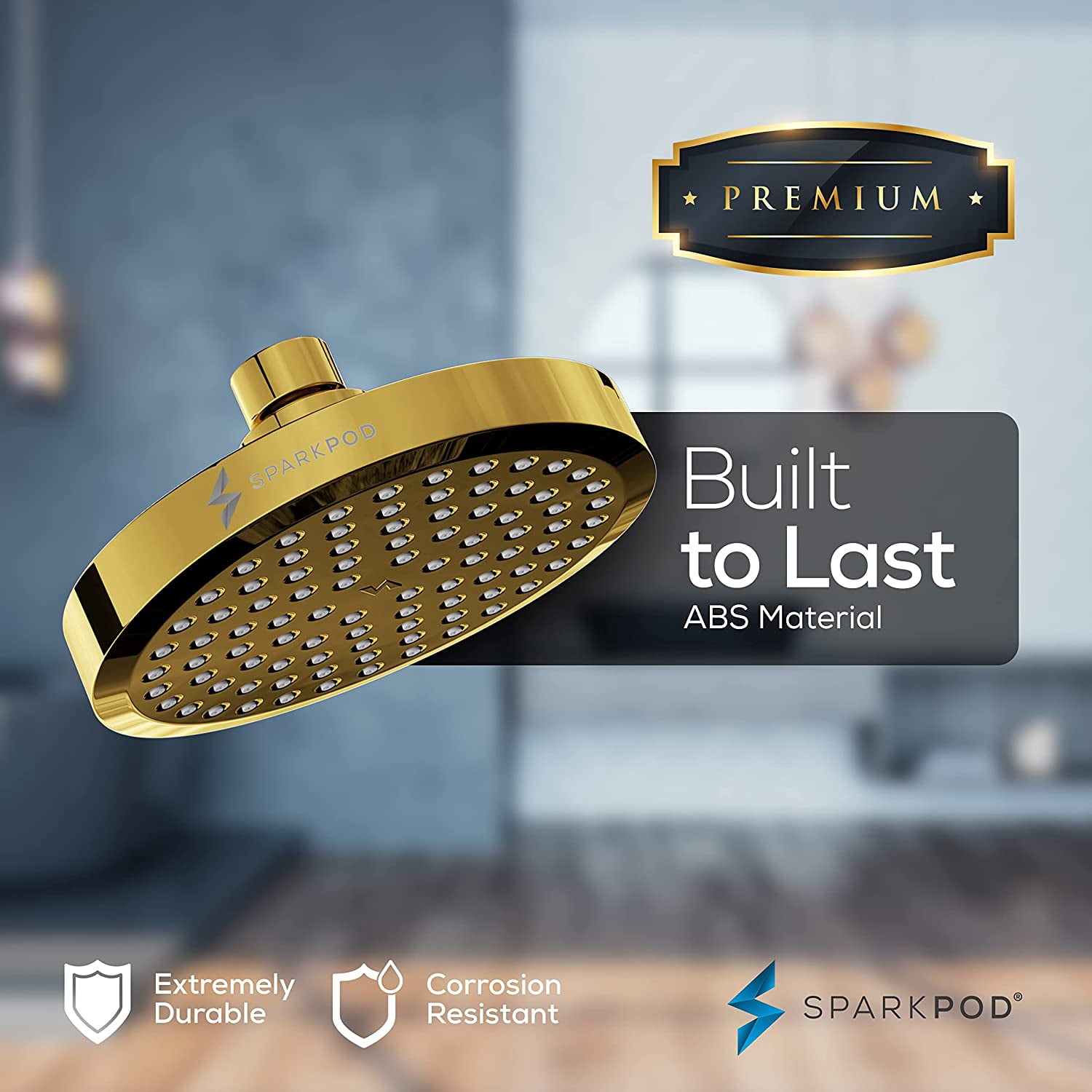 SparkPod Rain Shower Head with Adjustable Extension Arm 11" - High Pressure, Easy Install (6" inch Shower head, Egyptian Gold)