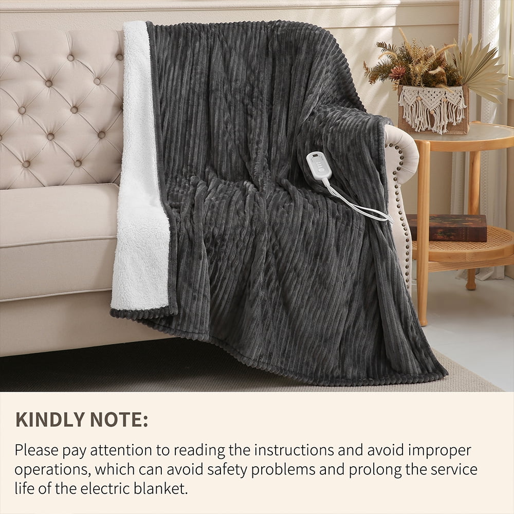 Sheet&Joy Heated Blanket Electric Grey Throw - 50"x60" Heating Blanket 8 Hours Auto-Off 8 Heat Level Over-Heat Protection Ribbed Flannel Sherpa Electric ETL Certification