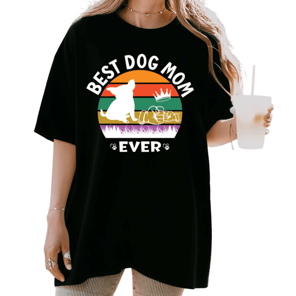 Women's Best Dog Mom Ever Retro Sunset Fist Bump Graphic T Shirt Cute Dog Lover Gift Idea Short Sleeve Round Neck Top Black S-5XL