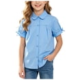 thumbnail image 3 of KPOPLK Girls Shirt Short Sleeve Button Up Top Kids School Uniform Cotton Collared Dress Blouse Size 13-14 Years,Blue, 3 of 5