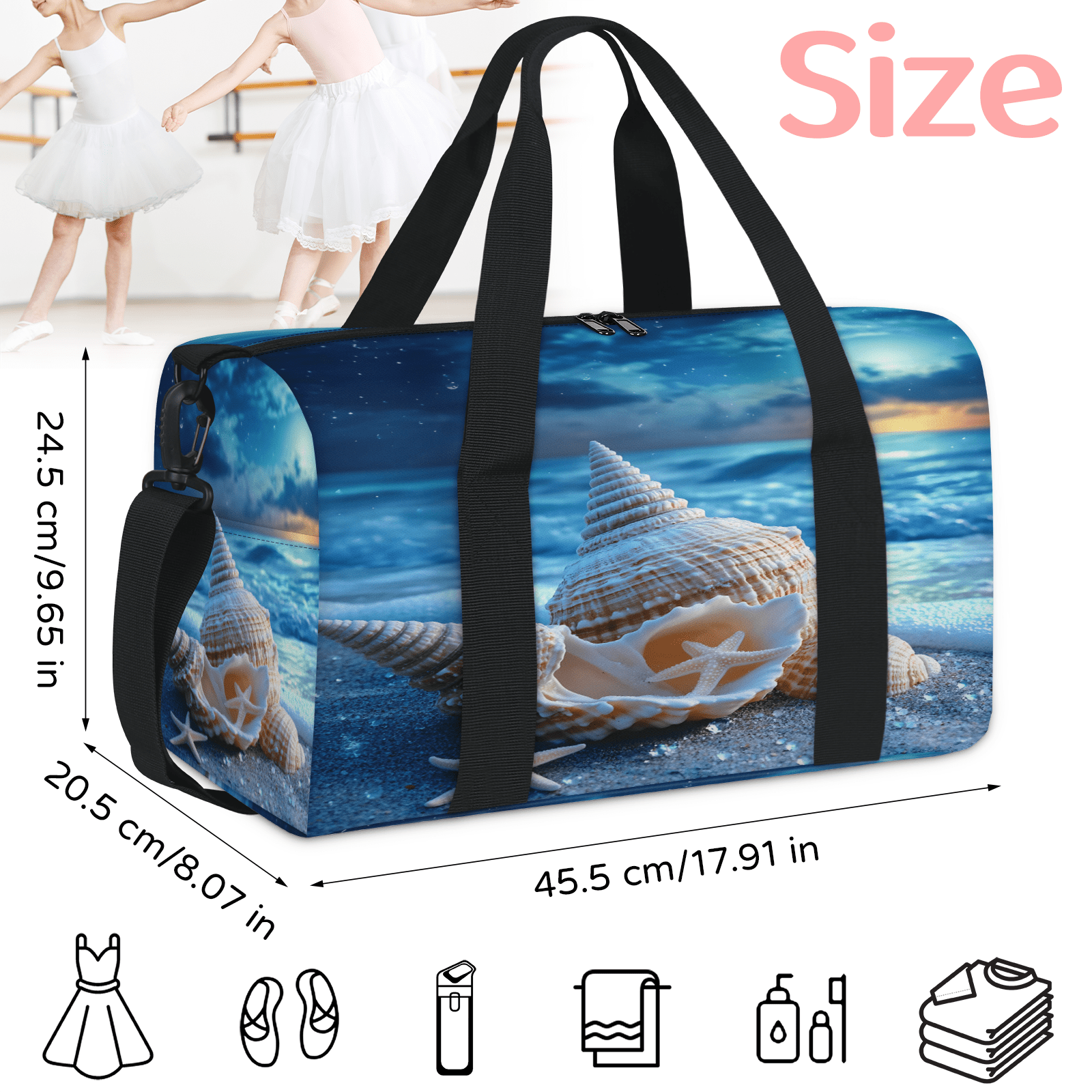 Herdesigns Nautical Coastal Gym Bag for Women, Starfish Seashell Coral Beach Duffle Bag for Travel Sport, Lightweight Waterproof Carry on Weekender Overnight Dance Yoga Workout Bags