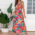 thumbnail image 3 of Wycnly Dresses for Women Beach Vacation Elastic Waist Pleated Swing Tank Maxi Sunderss Sleeveless V-Neck Leaves Print Summer Long Formal Dress Red XXL, 3 of 6