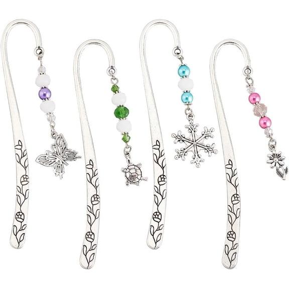 4 Pcs Hook Alloy Bookmarks Glass Beaded Bookmarks Silver Metal Bookmarks Vintage Bookmarks with Butterfly/Flower/Tortoise/Snowflake Pendant