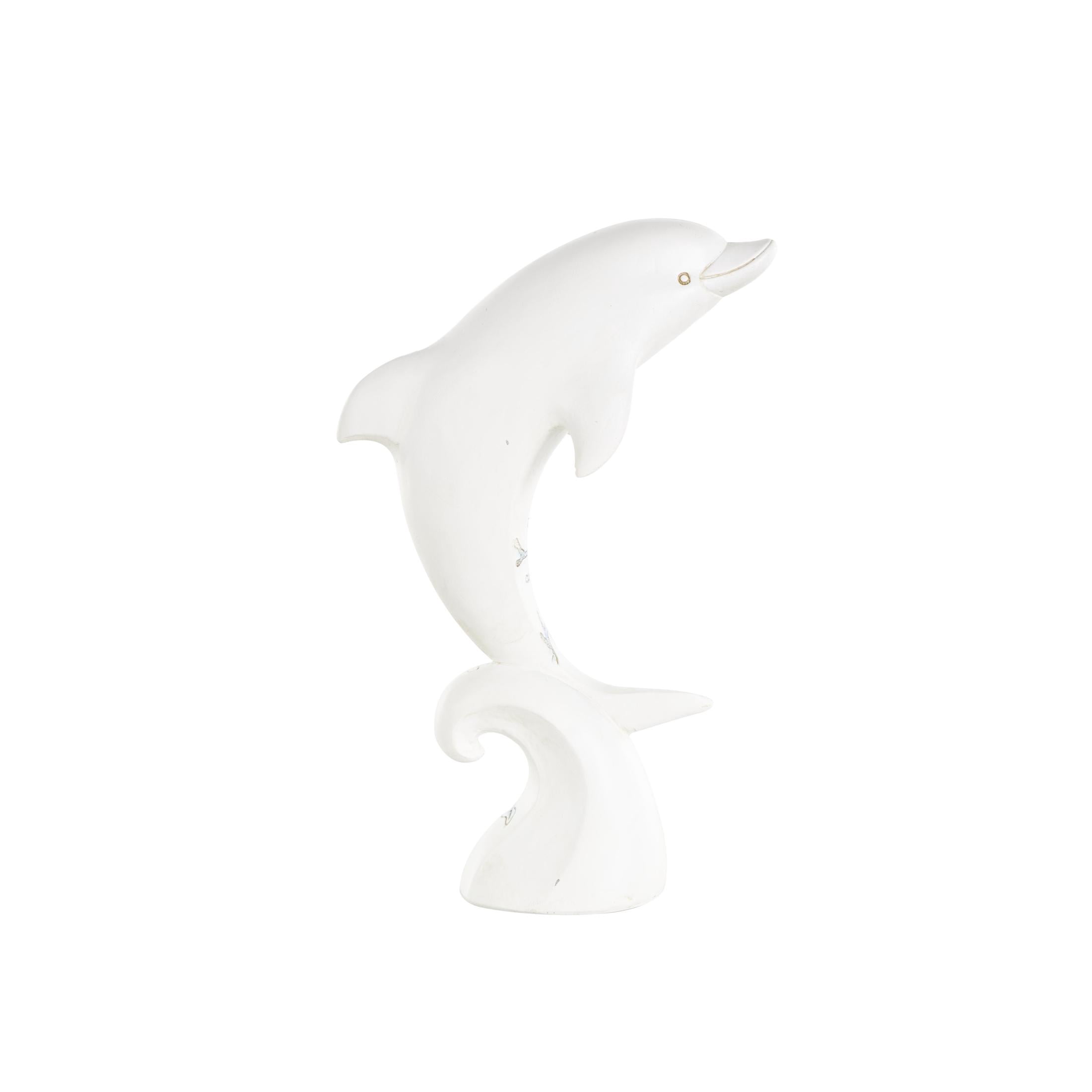 7" x 12" White Polystone Curved Dolphin Sculpture with Blue Coral Patterns, by DecMode