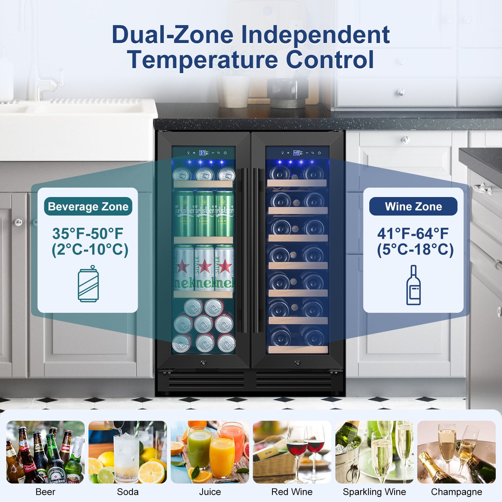 Nipus 24 inch Wine and Beverage Refrigerator,Dual Zone,Built-in Undercounter, 21 Bottles and 60 Cans,Black