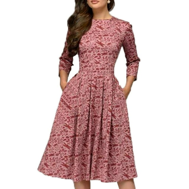 Robe d'Été Vintage pour Femme, Ligne A, Élégante, Imprimé Floral, Taille Haute, Manches Longues, Robe Soleil, Col Rond, Soirée, Grande Taille