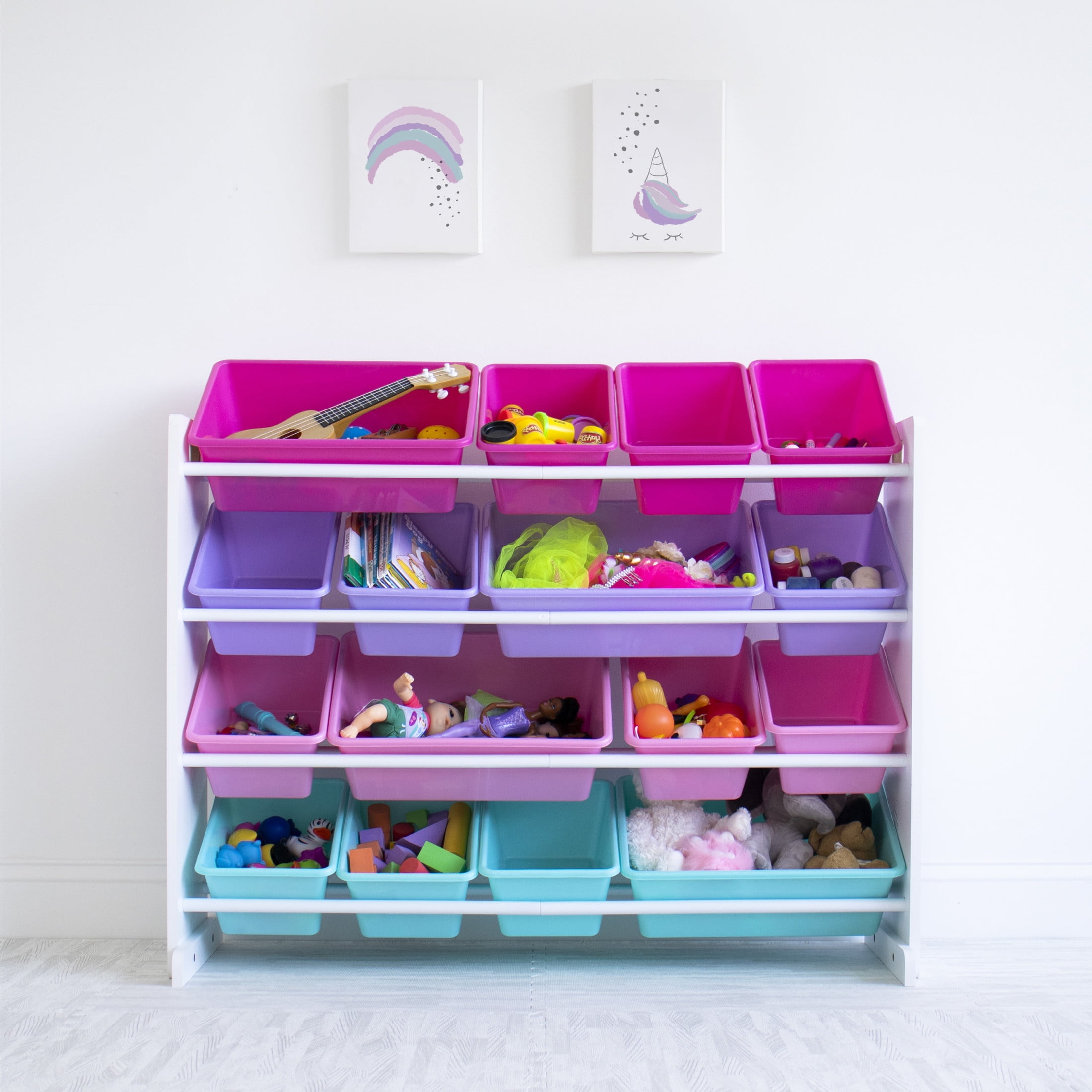 Humble Crew Storage Organizer with 16 Plastic Bins for Kids & Toddlers, White/Blue/Pink/Purple
