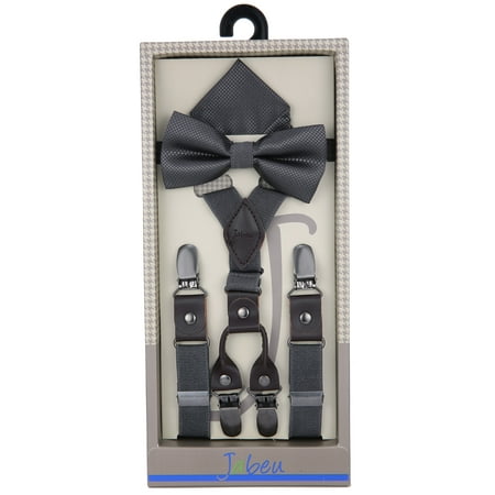 Bow Tie Pocket - Fashion Suspenders , with Pocket Square and Bow Tie Gift Set, .- Grey - M