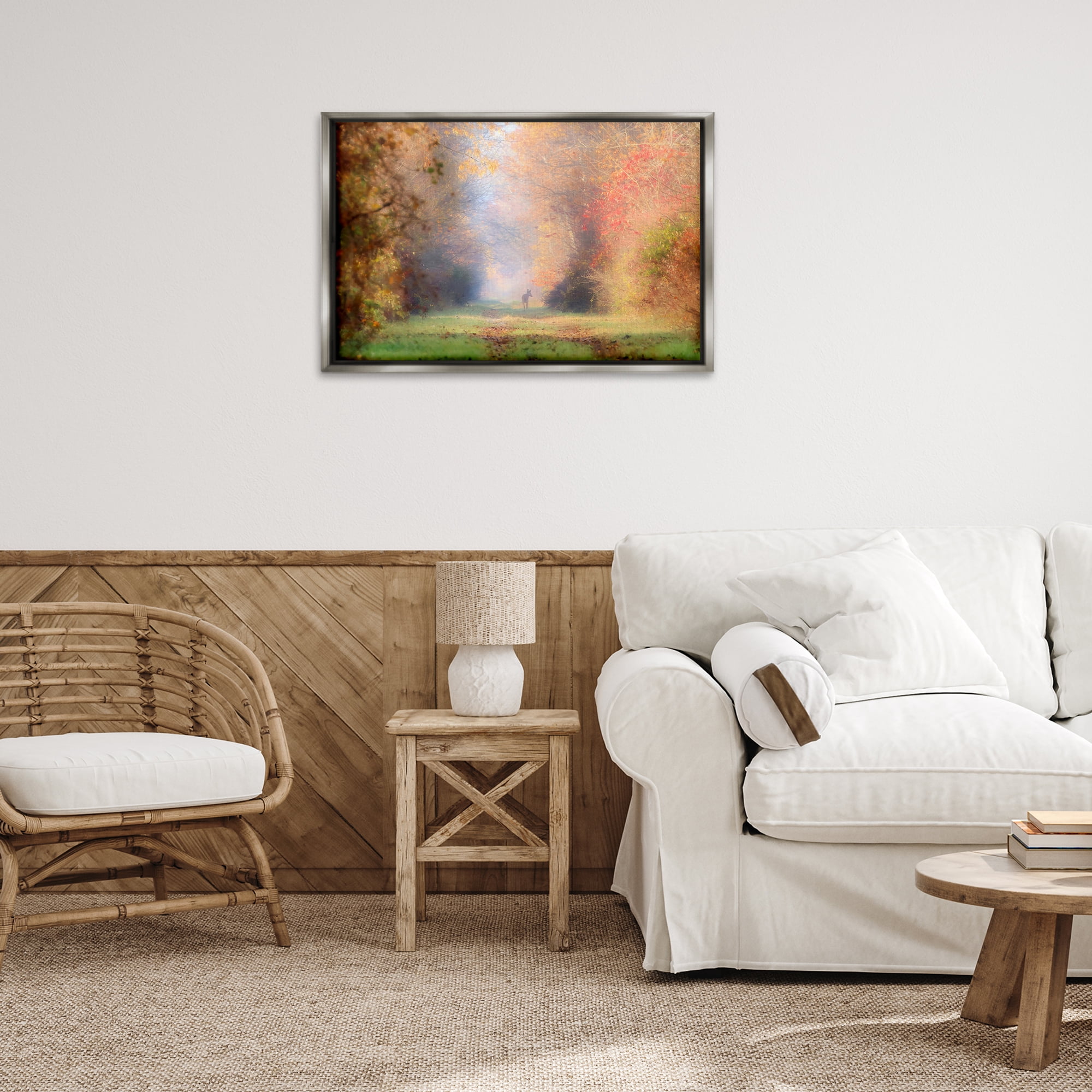 Stupell Industries Foggy Autumnal Forest Landscape & Nature Photography Gray Floater Framed Canvas Art Print Wall Art, 31 x 21