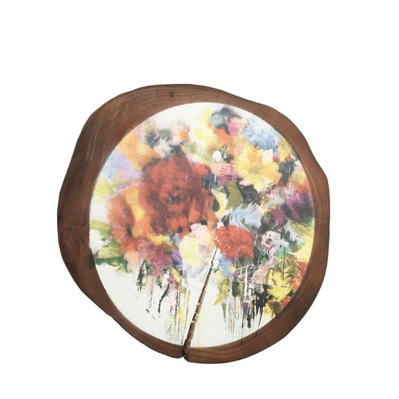 FixtureDisplays® Wall Art Wood tree slice trunk art wall picture abstract impression flower arrangement 21467-3