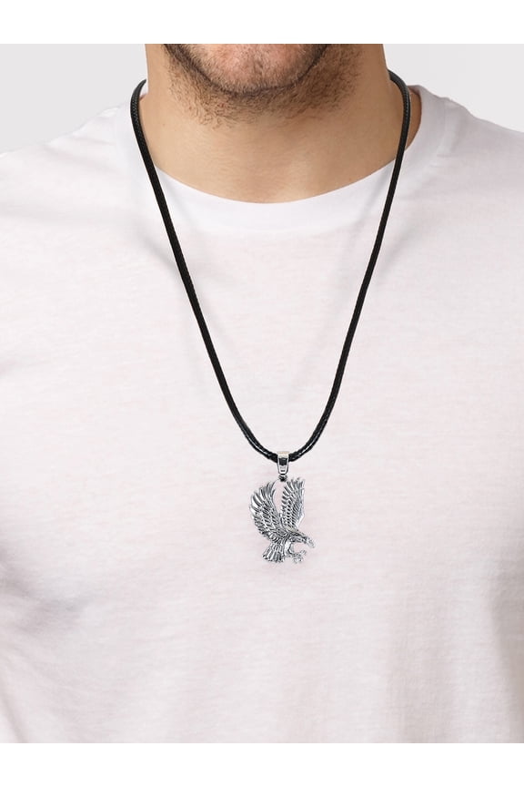 Men's Eagle Pendant Cord Necklace, Black and Silver, 1 Pack