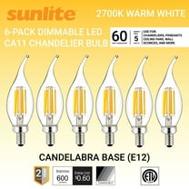 Sunlite LED Filament CA11 Flame Tip Chandelier Light Bulb 5 Watts (60W Equivalent), Candelabra E12 Base, Dimmable, UL Listed, 2700K Warm White, 6 Pack