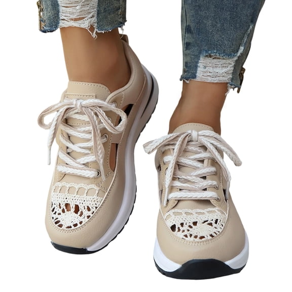 pwidon Women Platform Wedge Sneakers Cutout Lace Toe Breathable Hollow Lace Up Non Slip Casual Walking Chunky Sole Trainers Beige 36