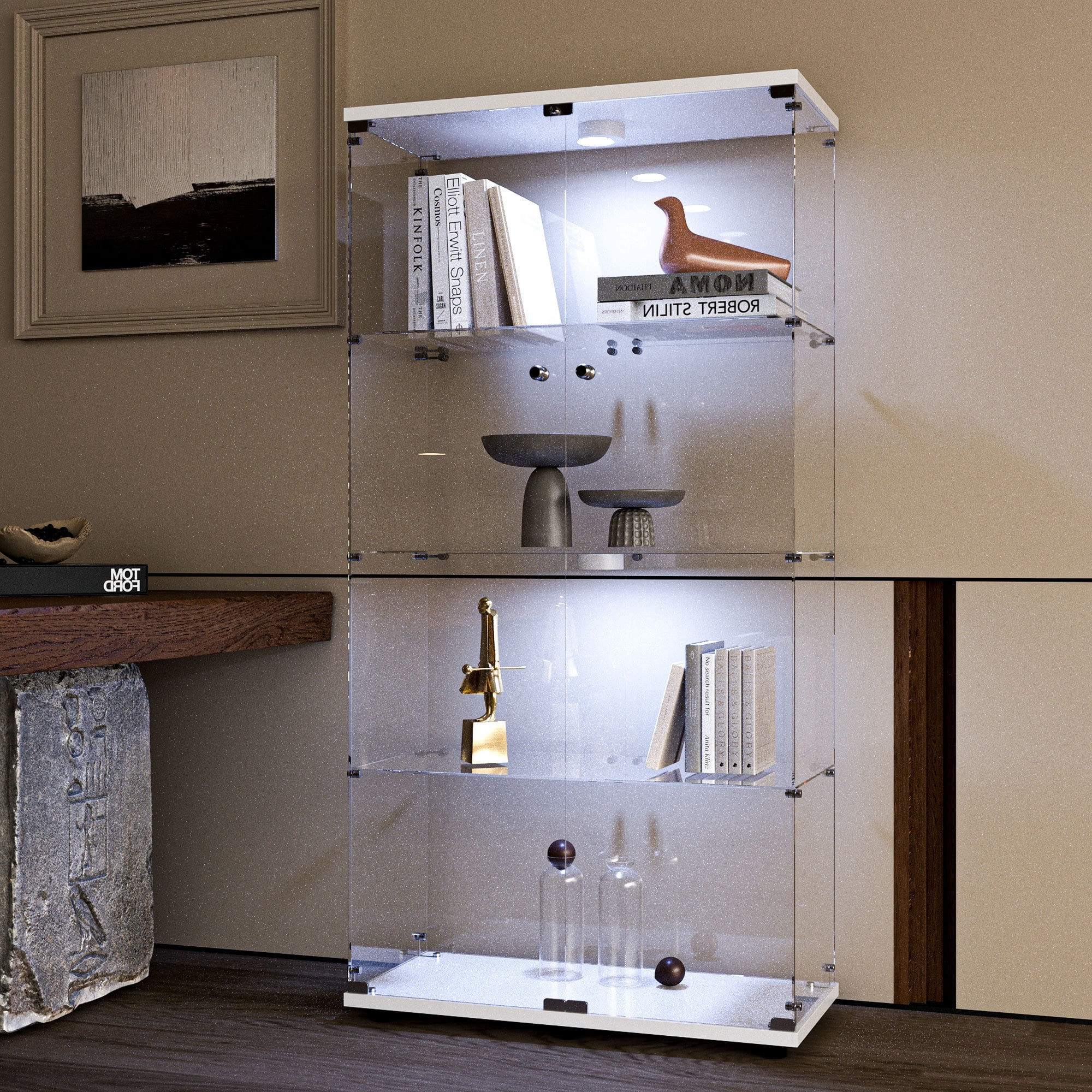 65" Display Cabinet with Glass Doors,4-Tier Curio Cabinet & Bookshelf,Storage Cabinet with LED,Collection Showcase for Living Room Bedroom Office,White