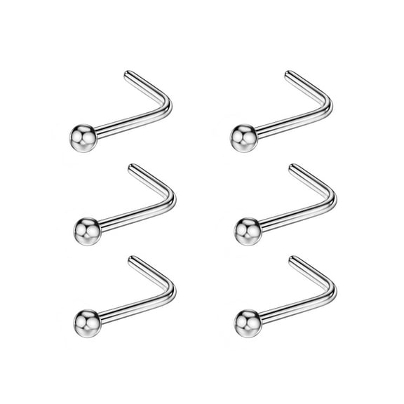 6pcs 20g 1.5mm Screw Nose Rings for Women Ball Nose Stud Rings Silver 6.5mm Length L Shaped Nostril Piercing Jewelry 20 Gauge Nose Ring