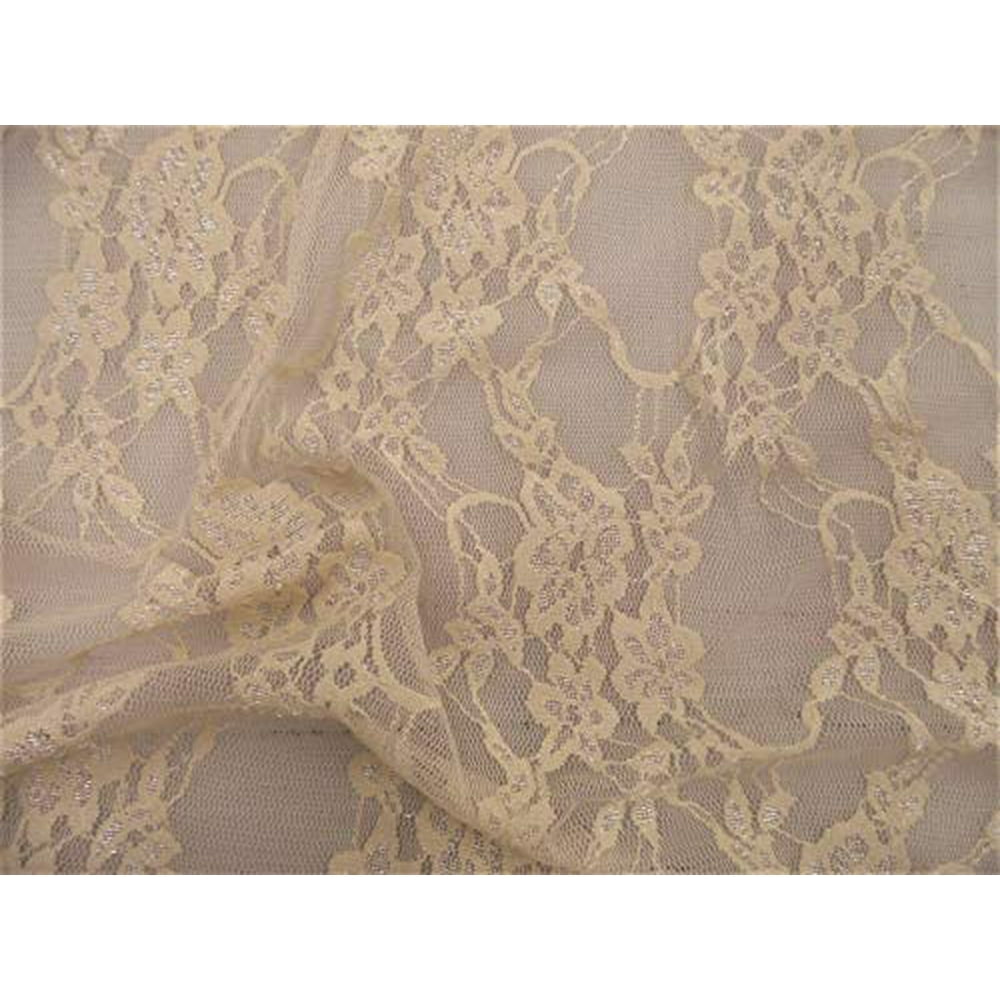 Stretch Mesh Lace Fabric Dark Ivory Floral Sheer Metallic Sheen A207