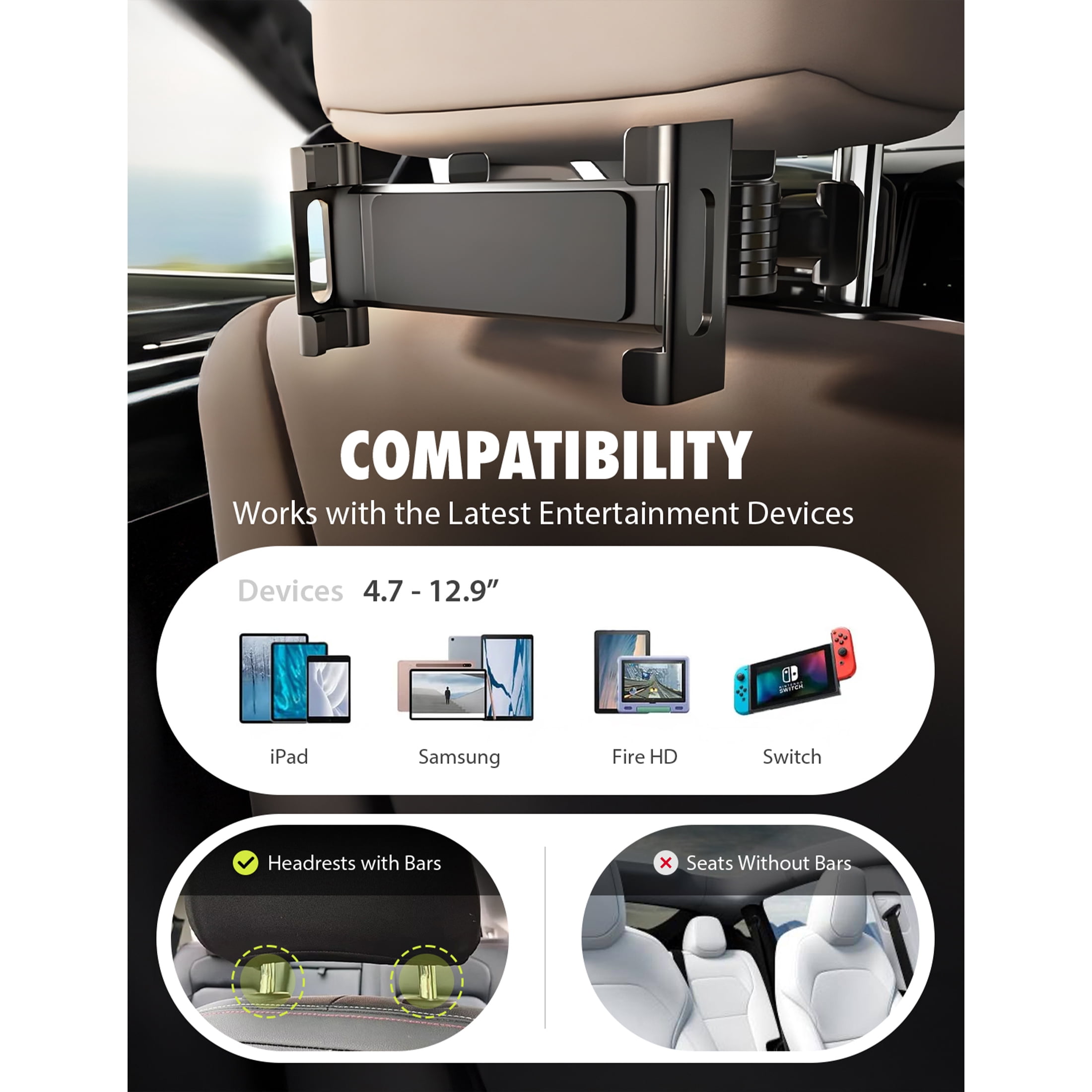 Bracketron TekGrip XL Car Tablet Headrest Mount – Universal Backseat Holder for iPad & Tablets, Heavy-Duty Metal Arm, Extendable & 360° Rotating, Fits 4.7″–12.9″ Devices