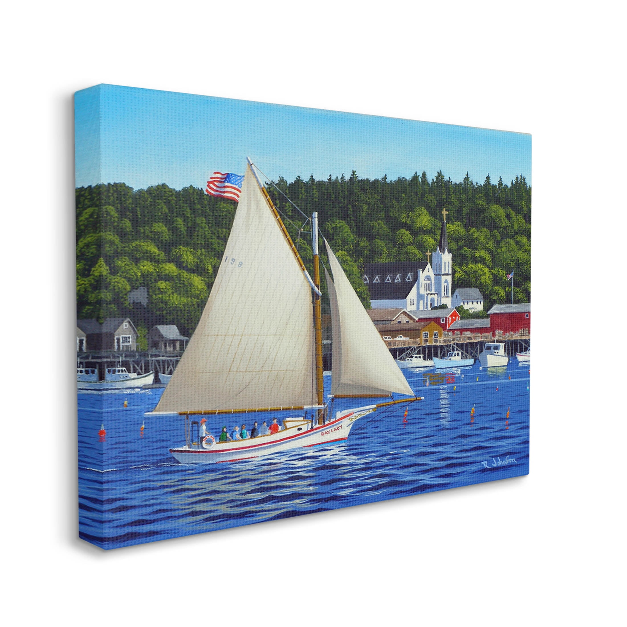 Sailboat Drifting Sea Port Harbor Landscape Painting Gallery Wrapped Canvas Print Wall Art
