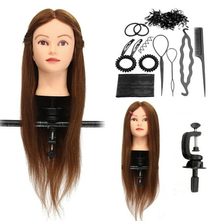 Luckyfine Mannequin Head With 100% Dark Golden Real Human Hair Salon Hairdressing Training Head & Clamp & Braid