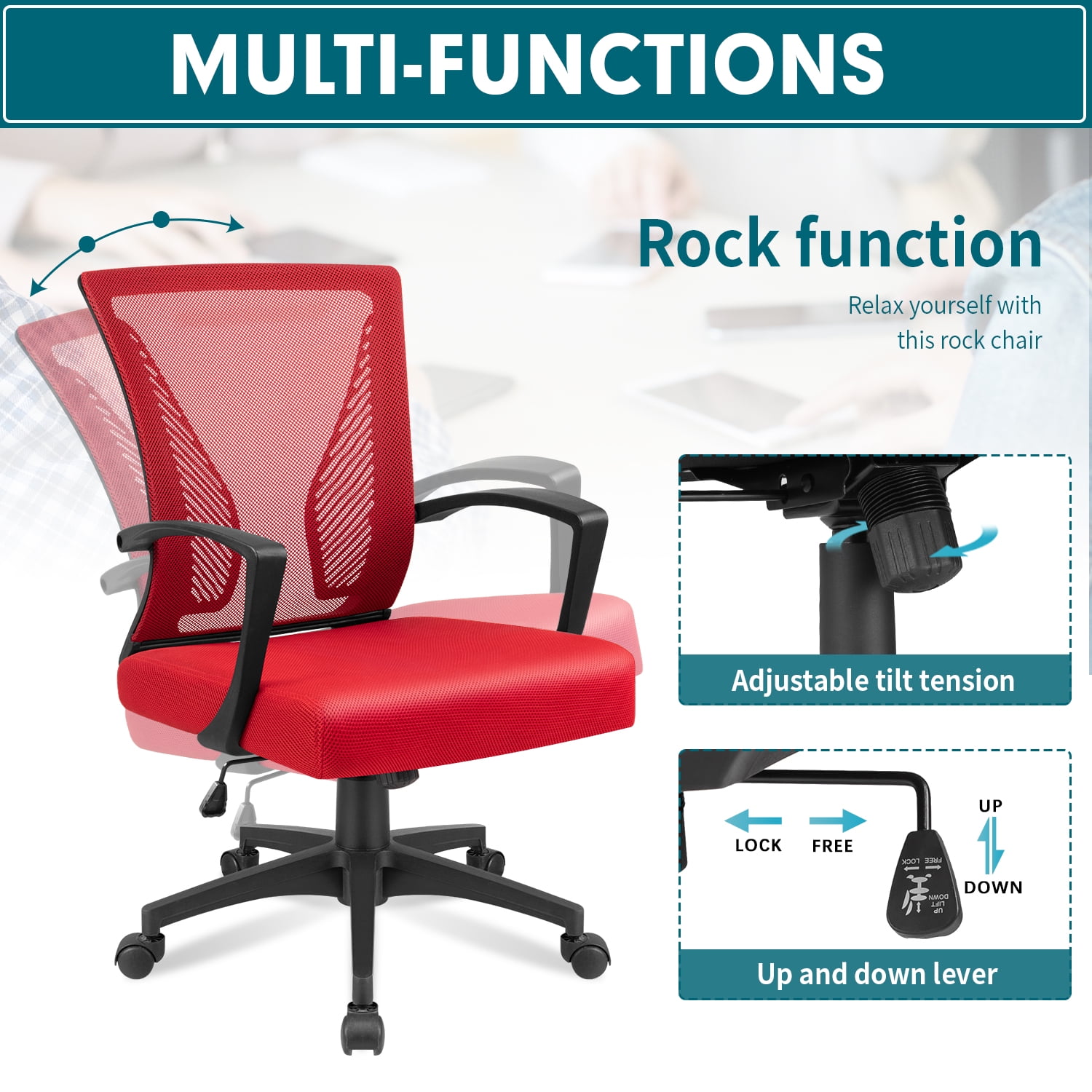 Lacoo Mid-Back Office Desk Chair Ergonomic Mesh Task Chair with Lumbar Support, Red