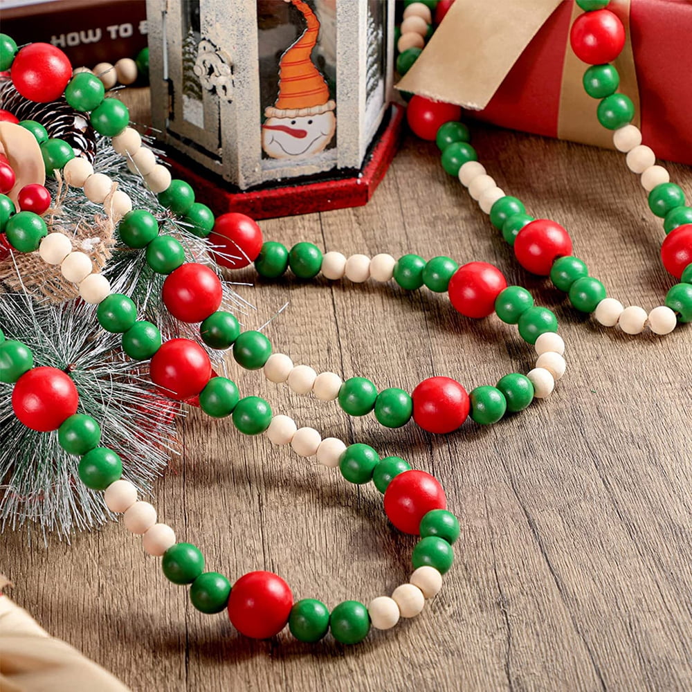 9-Foot Rustic Bright Red, White and Green Wood Bead Garland Christmas Tree  Decoration