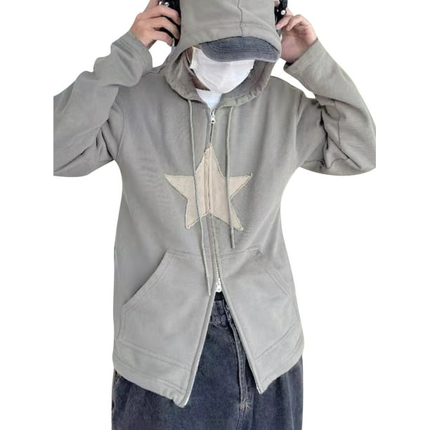 VISgogo Chaqueta con capucha para mujer con patrón de pentagrama, cremallera suave, versión suelta, ropa de primavera VISgogo moda