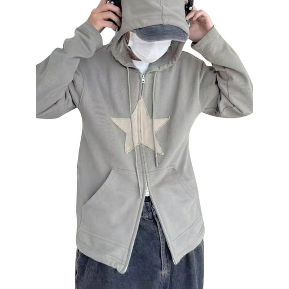 KOMOO Women Zipper Hoodie with Pocket Aesthetic Star Graphic Jacket Long Sleeve Grunge Hoody Sweatshirt