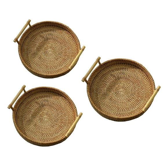Set of 3 Hand Woven Bread Basket Wicker Storage Trays for Breakfast Drinks