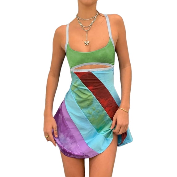 Women Halter Neck Bodycon Knitted Dress Sexy Printed Sleeveless Hollow Out Patchwork Backless Summer Mini Dresses (Cutout Colorful, Large)