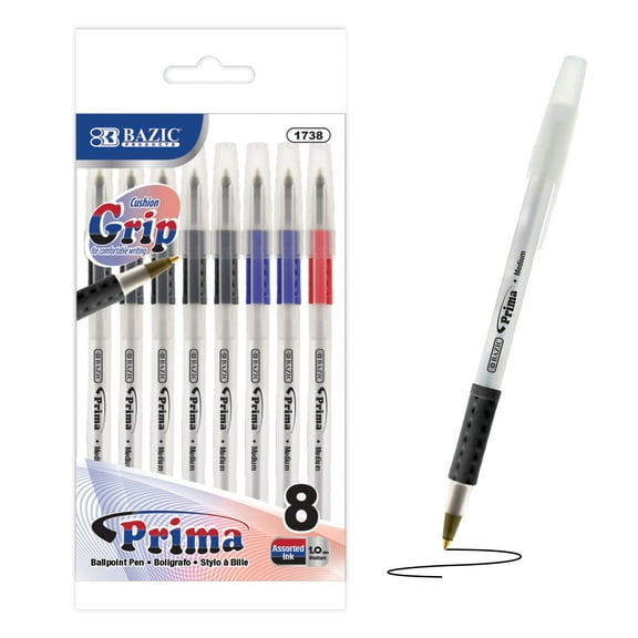 BAZIC Ballpoint Prima Black Blue Red Stick Pens, Soft Grip 1.0 mm, (8/Pack), 1-Pack