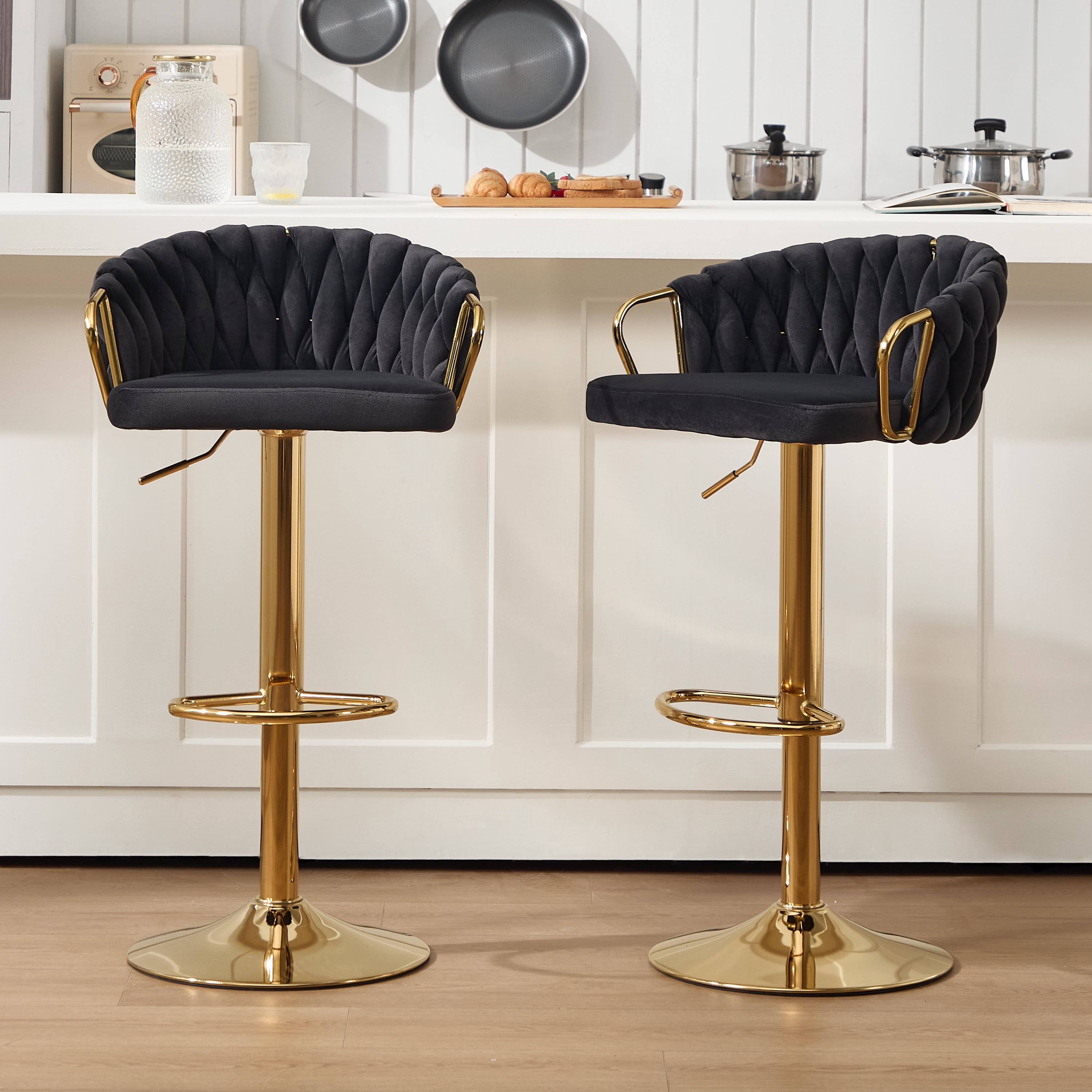 Lessmore Luxury Velvet Swivel Bar Stool Set of 4 - Adjustable Height, Beige, Gold Base