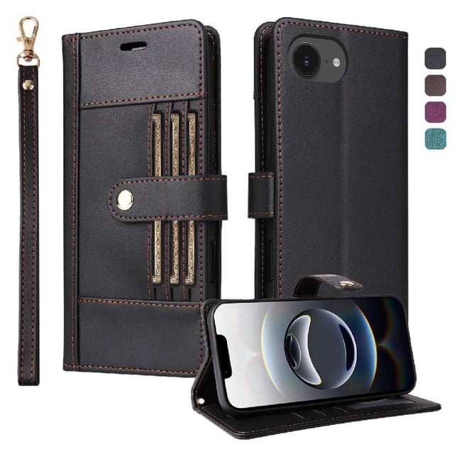 FOXDOCK Funda tipo Cartera para iPhone 16E – Cubierta de Cuero PU con Múltiples Ranuras, Bolsillo para Efectivo y Correa de Muñeca