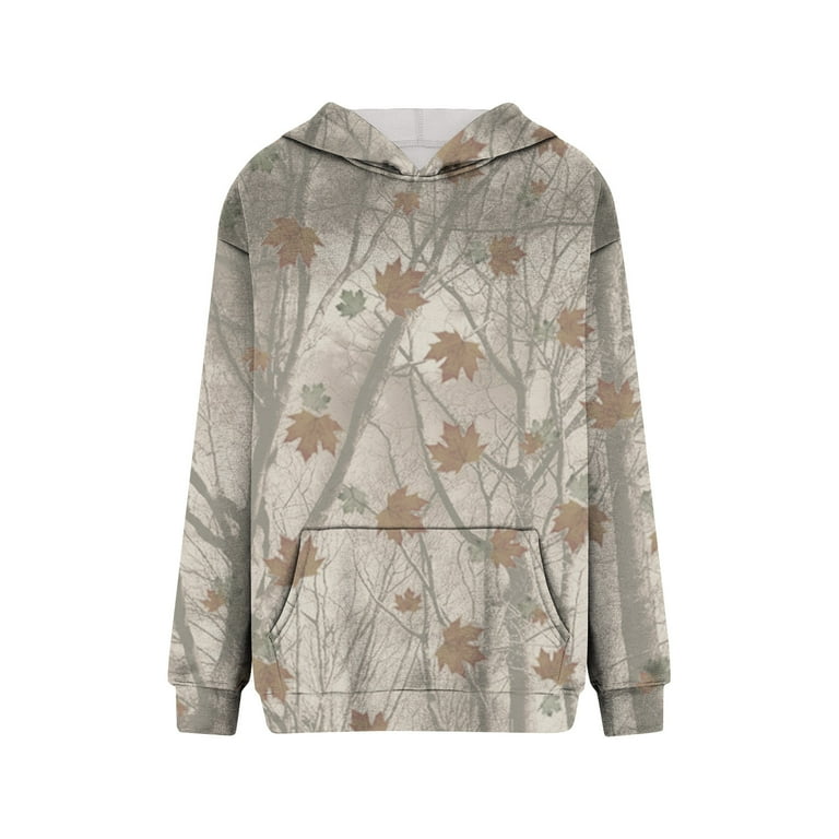TQWQT Women's Camo Hoodie Maple-Leaf Print Oversized Sweatshirt Fleece Hooded Sweatshirts with Pocket Casual Drop Shoulder Fall Sweatshirts Long