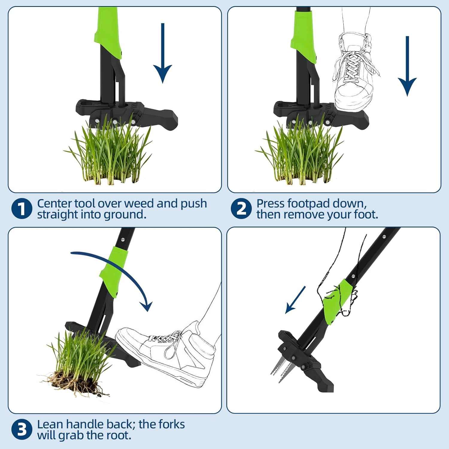 Garvee 4-Claw Stand Up Weed Puller - Gardening Hand Weeding Tool 40 in Handle (4-Claw), Green