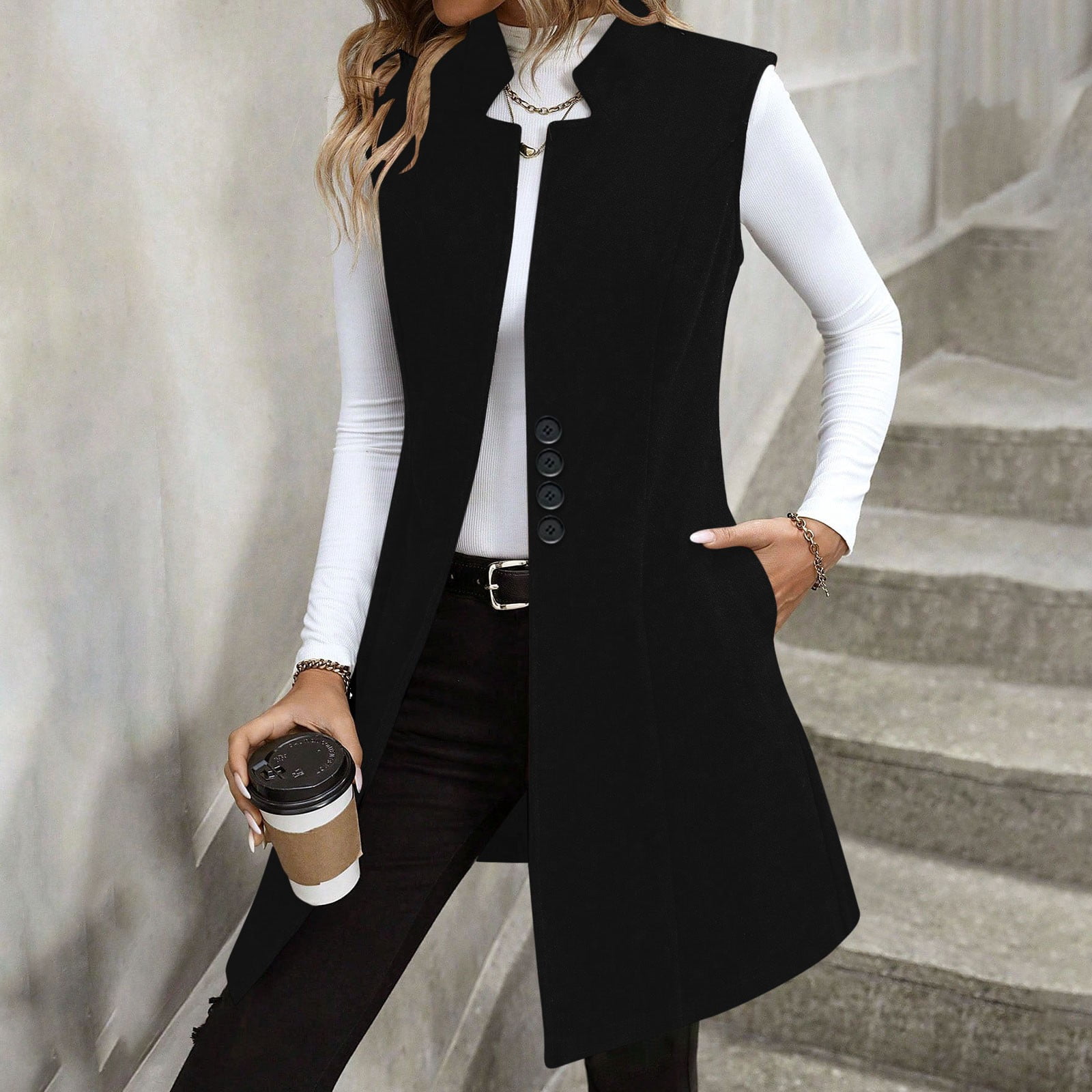 Long Waistcoat Women Fall Winter Sleeveless Vests Suit Elegant Cardigan Blazer Waistcoat with Pockets Lightweight Travel Jacket Lady Black S