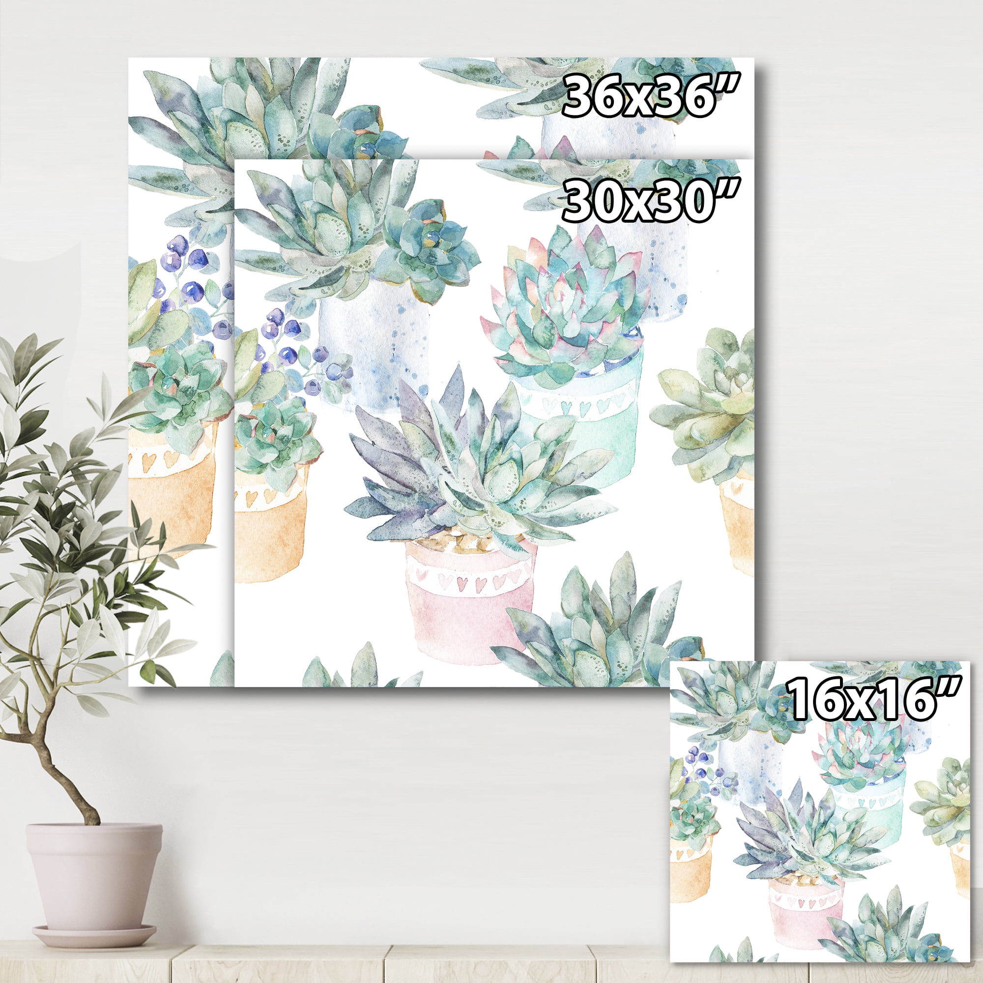 Pastel Toned Succulent Housplants in Flowerpots 36 in x 36 in Painting Canvas Art Print, by Designart