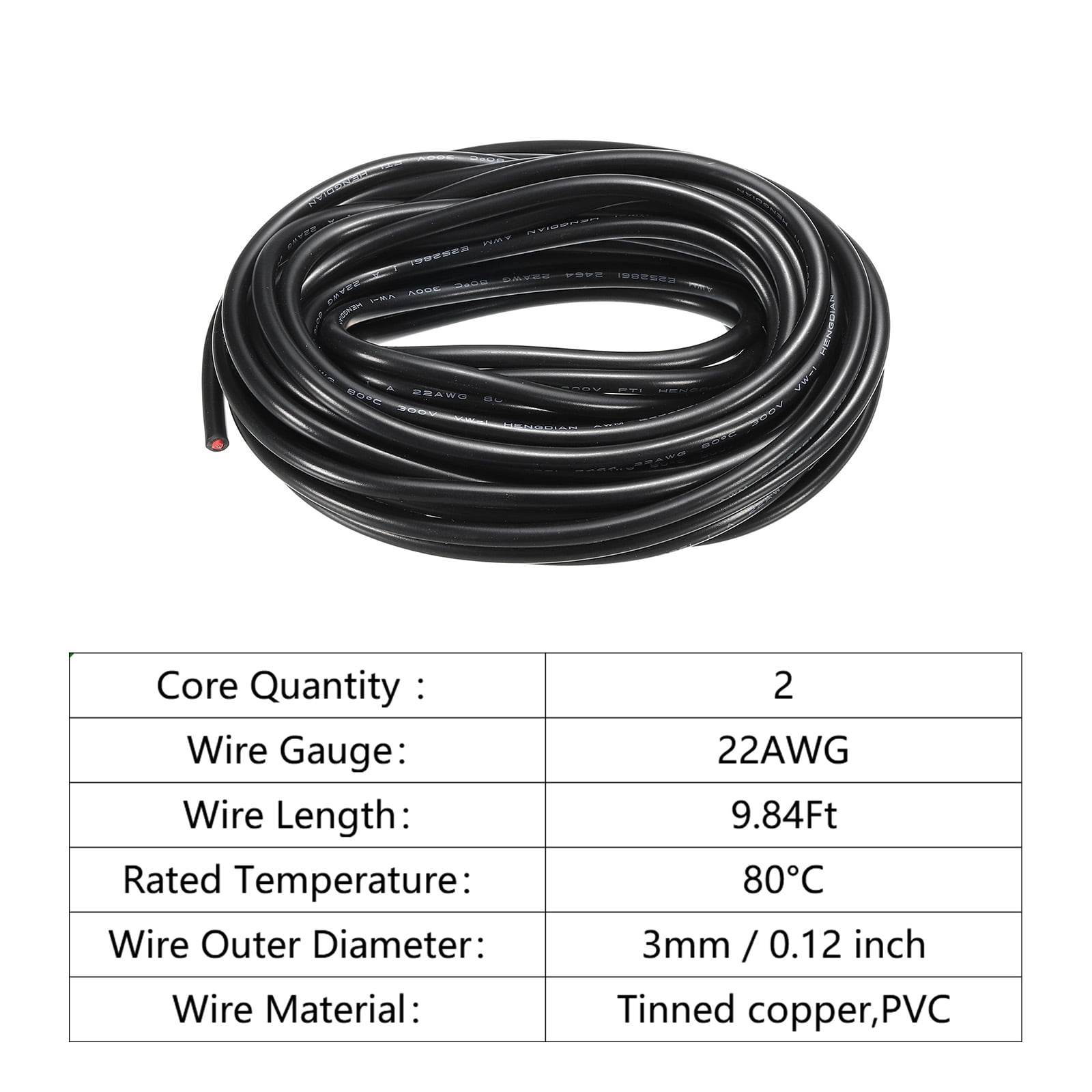Uxcell 22AWG Electrical Wire 2 Conductors UL2464 Tinned Copper 10Ft Low Voltage Black