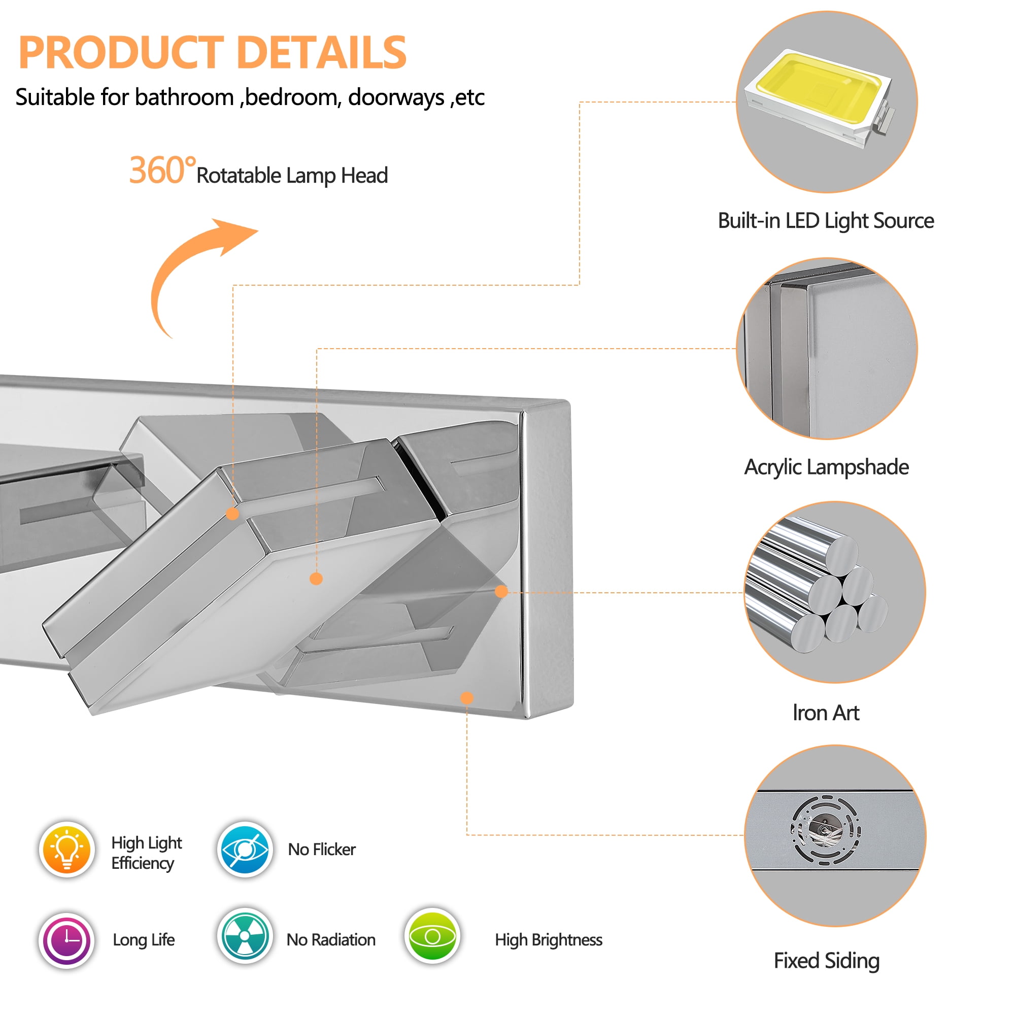 Miniyam 6-Lights LED Vanity Light for Bathroom over Mirror, Dimmable Light Fixture for Indoor, Chrome