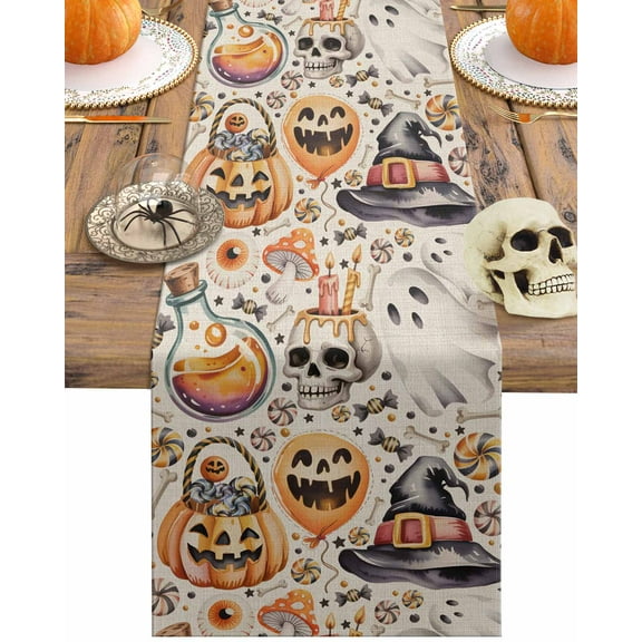 Table Runner Dresser Scarves 36 Inch Long,Halloween Pumpkin Ghost Face Linen Dining Table Runners Candy Skull Witch Hat on Burlap Tabletop Scarf for Wedding Holiday Party Kitchen