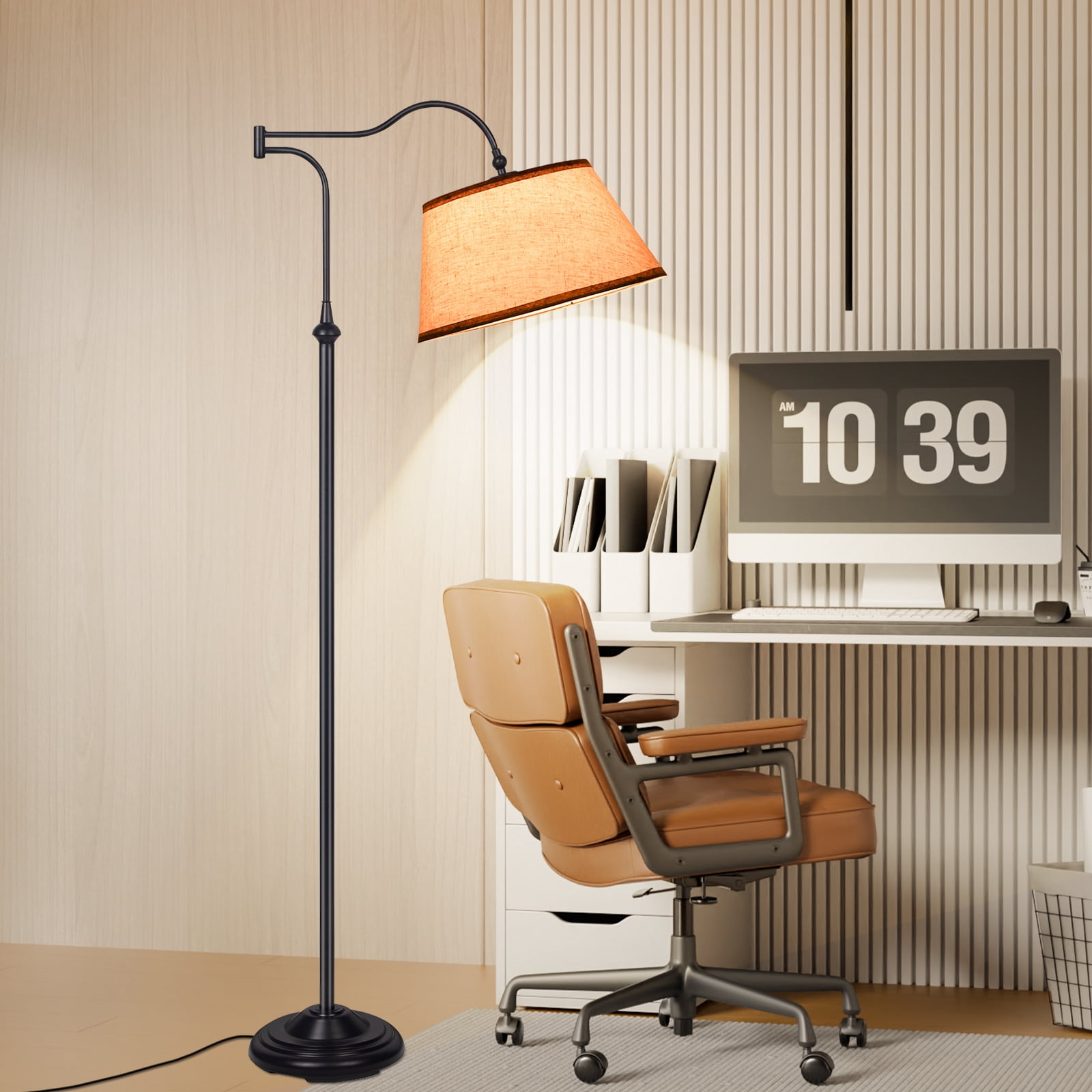 HonoDing Cantilever Floor Lamp, Standing Chandelier Floor Lamp with 180° Adjustable Swing Arm, Modern Floor Lamps with Linen Shade,Classic Lamp for Living Room Office Bedroom Reading(Black)