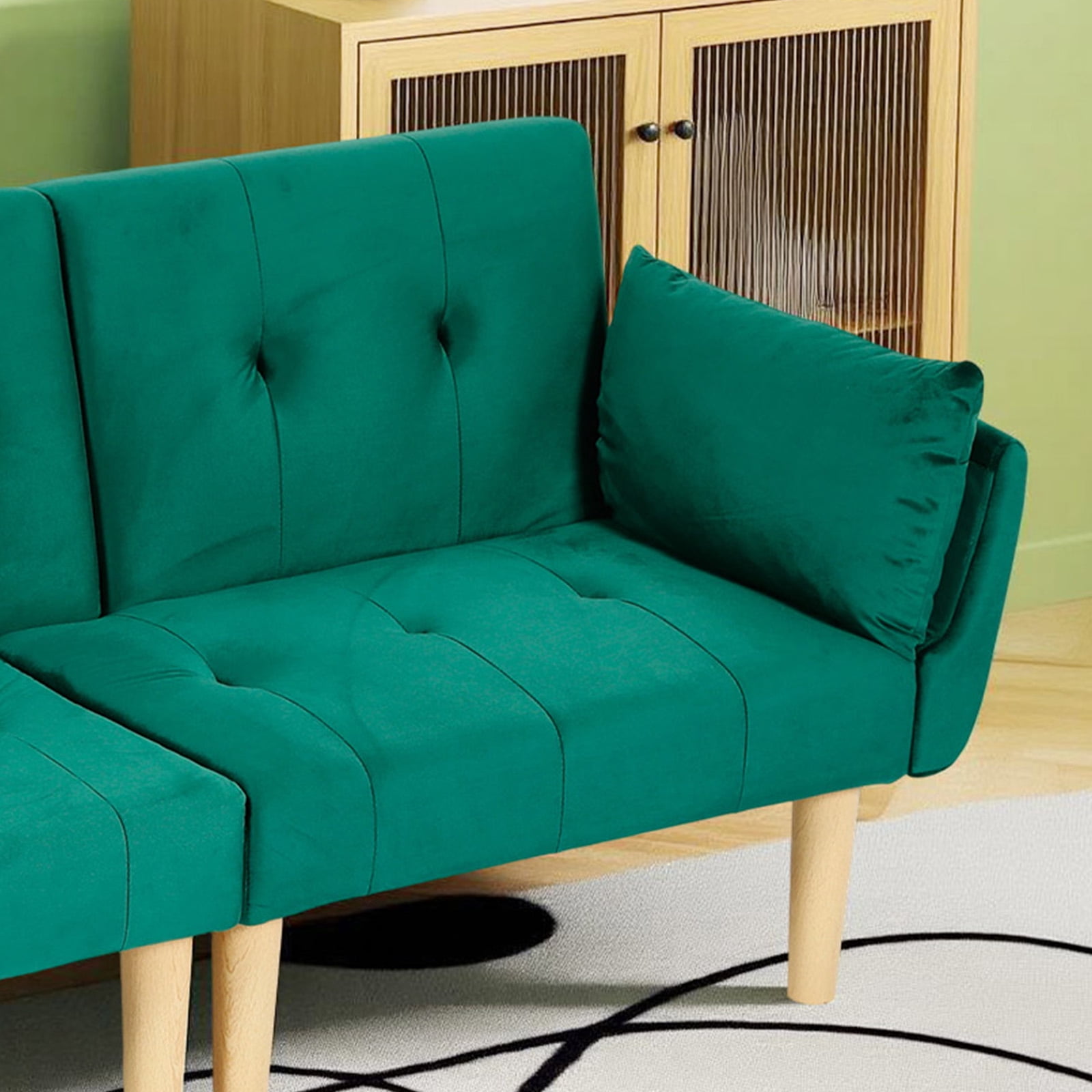 Leumius 72 Inch Futon Sofa Bed,Velvet Futon Couch with Adjustable Backrest and Cupholders,Suitable for Apartment,Living Room,Small Space,Green